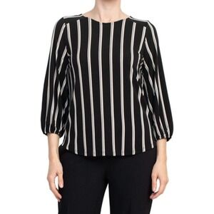Adrianna Papell Black Elastic Cuff Striped Keyhole Back Shirt Top Medium NEW NWT